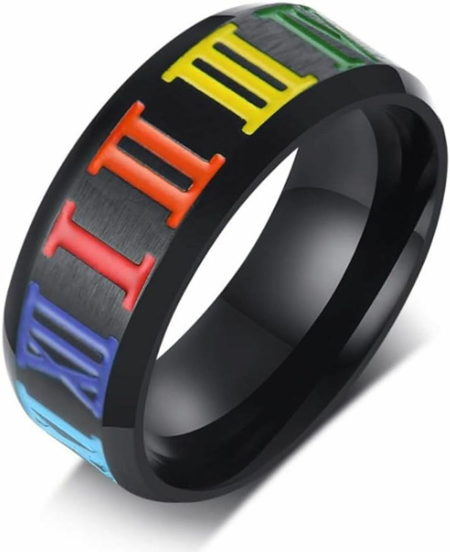 Wedding Bands | Blowin Black Stainless Steel Rainbow Roman Number Lgbt Pride Ring For Lesbian Gay Wedding Engagement Band