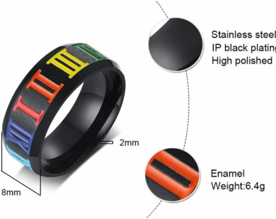 Wedding Bands | Blowin Black Stainless Steel Rainbow Roman Number Lgbt Pride Ring For Lesbian Gay Wedding Engagement Band