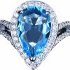 Wedding Bands | Ganquya Pear Shaped Swiss Blue Topaz And Simulated Diamond Ring,Blue Halo Teardrop Pear Shape Cubic Zirconia Bridal Ring