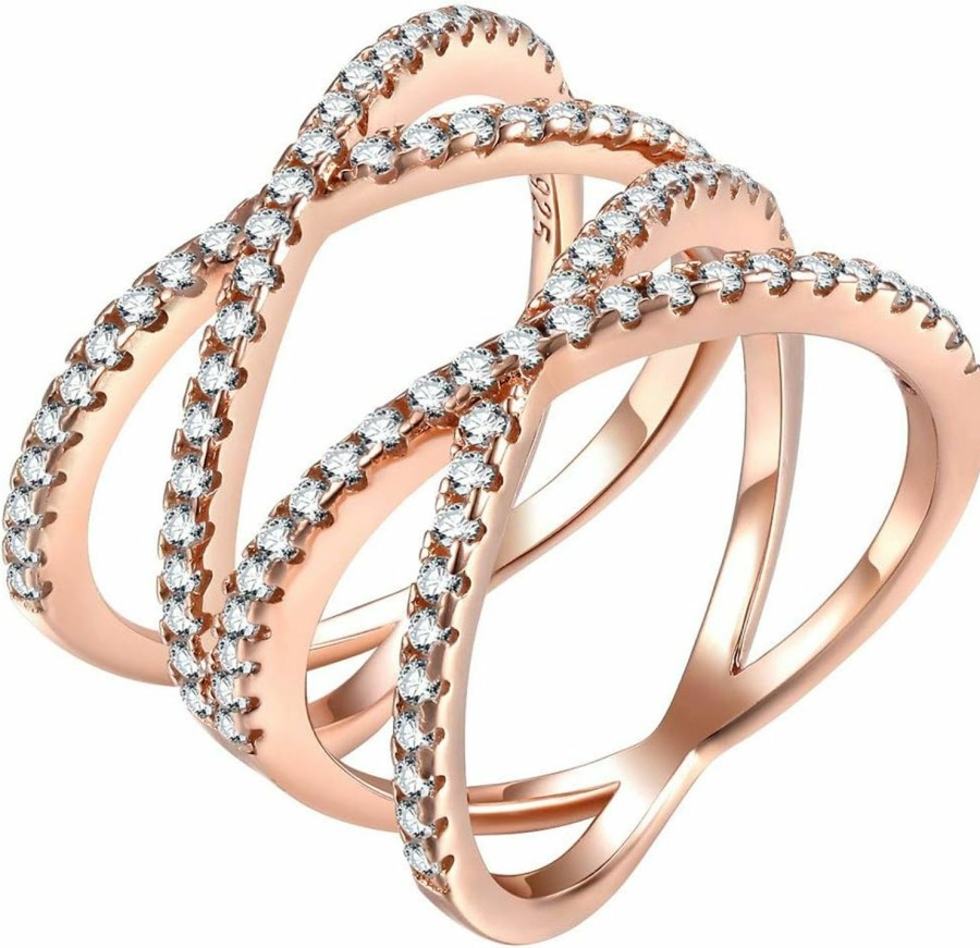 Wedding Bands | SOMEN TUNGSTEN Somen Tungsten Double X Criss Cross Ring Sterling Silver Rose Gold Pave Cz Wedding Band Size 5