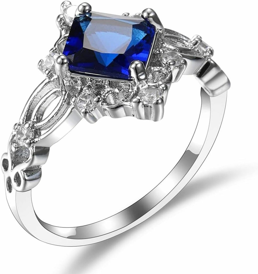 Wedding Bands | guidecun Guidecun Princess Cut Women'S Created Blue Sapphire Rings Birthstone Solitaire Engagement Ring Filigree Zircon Wedding Ring (Us Size 9)