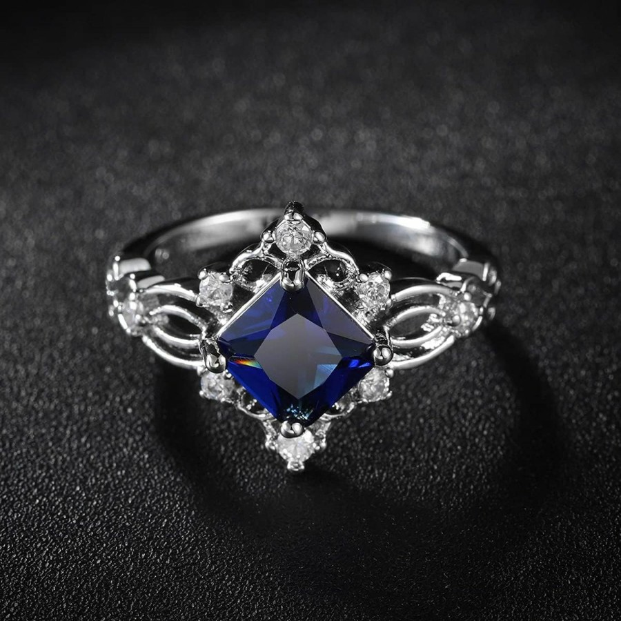 Wedding Bands | guidecun Guidecun Princess Cut Women'S Created Blue Sapphire Rings Birthstone Solitaire Engagement Ring Filigree Zircon Wedding Ring (Us Size 9)